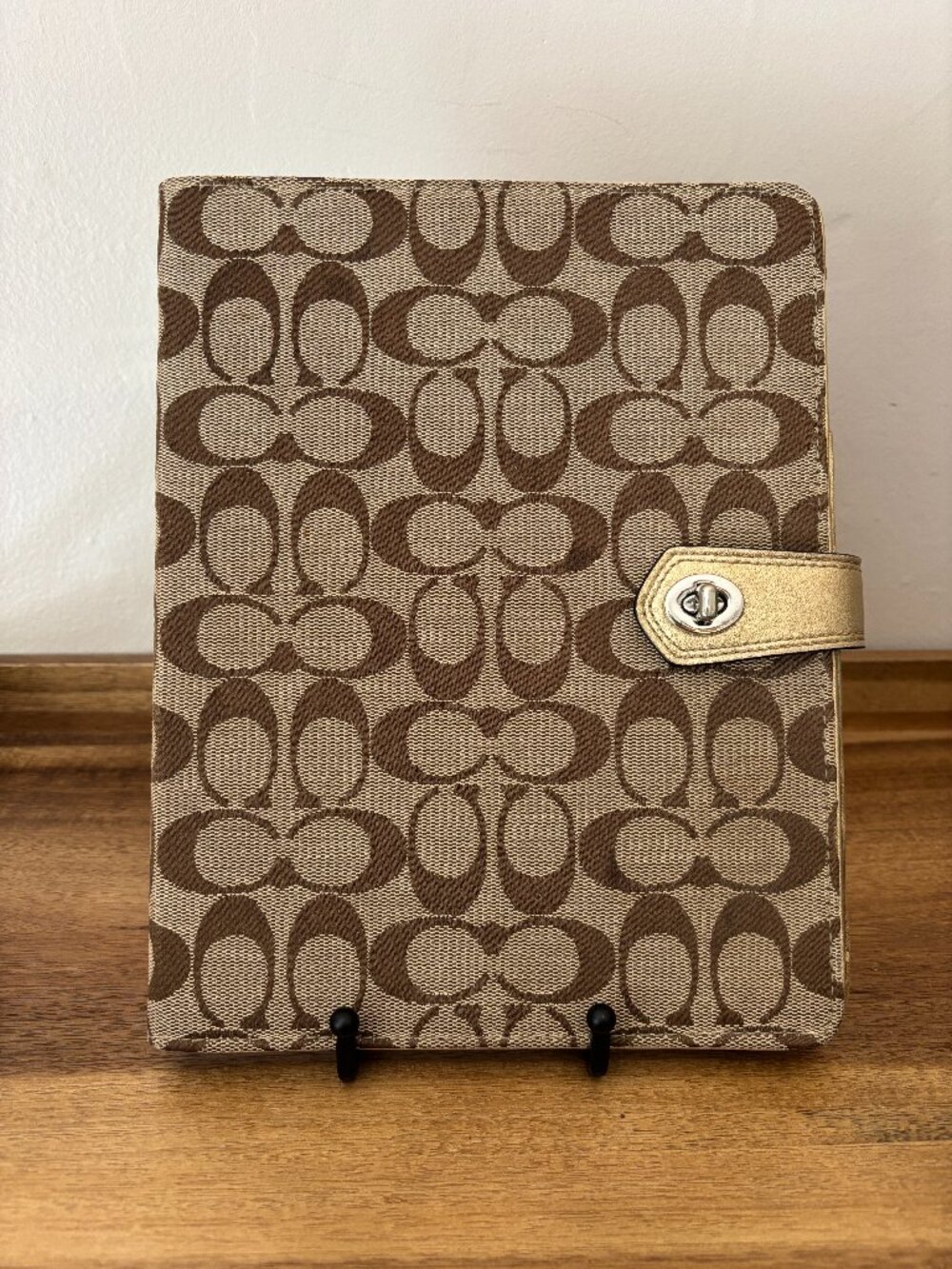Coach Signature Khaki Gold Leather Table iPad Turnlock Case